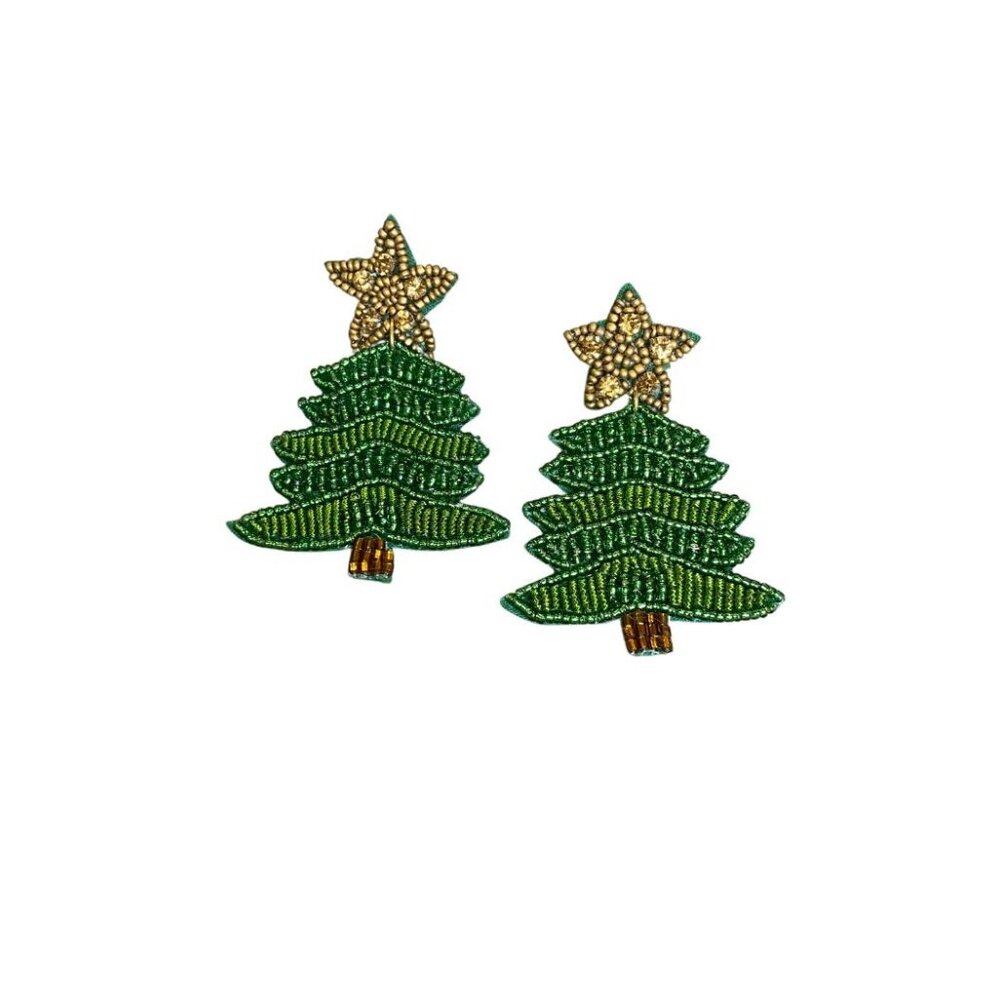 Viola Christmas Tree Holiday Earrings Green & Gold NWT